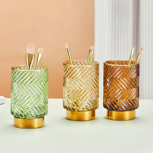 Makeup Brush Holder Organizer,Toothbrush Holders,Desk Pen Pencil Holder,Multifunctional Vintage Glass Brush Cup（A40-2-US） - color: Gold