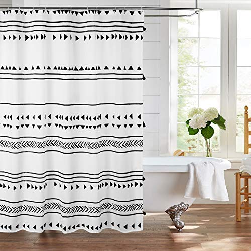 Uphome Boho Shower Curtain Black and White Fabric Shower Curtain with Hooks Chic Triangle Geometric Cloth Bathroom Curtains Set Waterproof Weighted Hem for Modern Hotel Decorative Accessories 60x72 - color: White, size: 60"W x 72"L (Pack of 1)