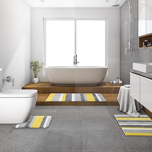 MIULEE Yellow Grey Bathroom Rug 24x36 Inch, Soft Thick Microfiber Striped Bath Mat, Non Slip Fluffy Plush Machine Washable Quick Dry for Bathroom Decor, Floor Tub and Shower - size: 2' x 3' (Rectangular)