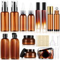 21 Pcs Amber Plastic Travel Toiletry Bottles Set, TSA Approved Travel Containers, Leak Proof Containers with Refillable Squeeze Bottle, Roller Balls, Pump sprayer, Perfume Atomizer, Labels & Funnel