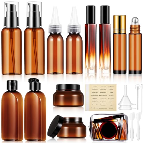 21 Pcs Amber Plastic Travel Toiletry Bottles Set, TSA Approved Travel Containers, Leak Proof Containers with Refillable Squeeze Bottle, Roller Balls, Pump sprayer, Perfume Atomizer, Labels & Funnel