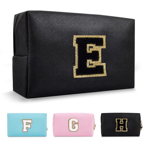 Personalized Initial A-Z Preppy Patch Makeup Bag,Small PU Chenille Letter Cosmetic Bag with Zipper for Teen Girls,Black Cute Toiletry Organizer Bag,Monogram Makeup Case Gift for Women Girls,Letter E - color: Black,Black-Letter, size: E
