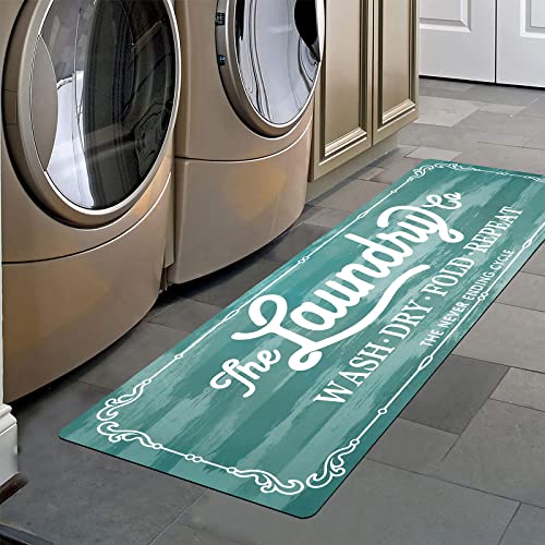 Pauwer Laundry Room Rug Runner 20"x48" Waterproof Rubber Laundry Mat Non Slip Kitchen Mats for Floor Washable Floor Mat Runner Rug for Farmhouse Mudroom Washroom Bathroom Decor - color: Blue, size: 1'8" x 4'