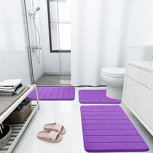 Buganda Memory Foam 3 Pieces Bathroom Rugs Set - Thick Soft Absorbent Bath Mats, Washable Small/Large/Contour Bath Rugs (24" x 16" + 30" x 20" + 24" x 20", Purple) - color: Purple, size: 24" X 16" + 30" X 20" + 24" X 20"