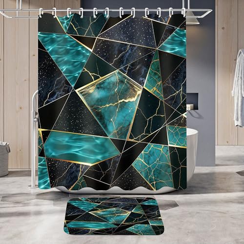 LQCOOL Teal Marble Geometric Shower Curtain Set Bathroom Sets Modern Shower Curtain Set for Bathroom Sets with Rugs and 12 Hooks - color: Teal