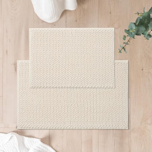 FRESHMINT Chenille Bath Rugs Set - 2 Piece (17"x24" + 20"x32"), Non-Slip Bath Mats, Absorbent, Washable, Cream White - color: Cream, size: 24"x17"+32"x20"
