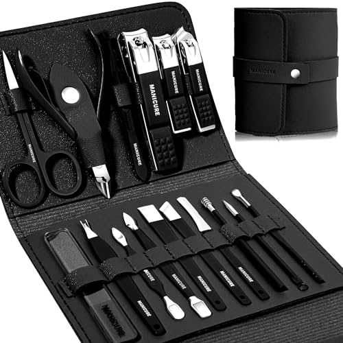 Manicure Set Professional Nail Clippers Pedicure Kit, 16 pcs Stainless Steel Nail Care Tools Grooming Kit with Luxurious Travel Leather Case for Thick Nails Men Women Gift (Black) - color: Black