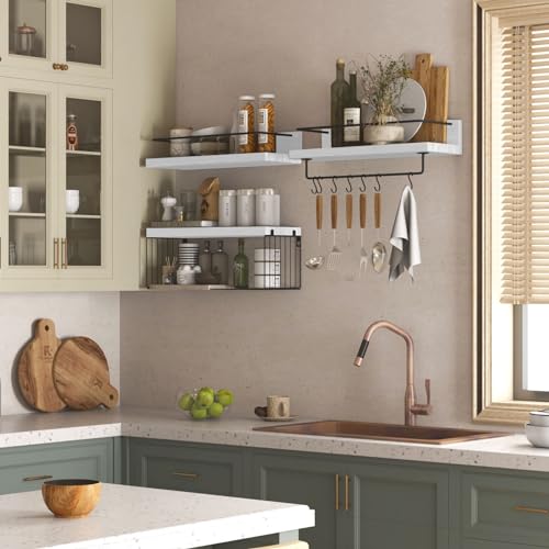 PopiShelves Bathroom Shelves Over Toilet for Wall, Floating Shelves with Storage Basket Paper Holer for Kitchen Living Room, Bedroom & Classroom, Set of 3 (White and Black) - color: White and Black, size: 15.7"
