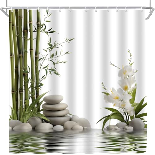 Spa Stone Shower Curtain Floral Flower Green Bamboo Leaves Relax Water Garden Nature Plant Bath Curtain with Hooks, 67x70 Inch - size: 67"W x 70"L (Pack of 1)