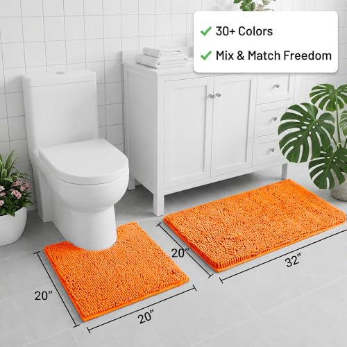 Bathroom Rugs Sets 2 Piece,Super Absorbent Chenille Bath Mats and U-Shaped Toilet Rug,Strong PVC Non Slip Backing,Microfiber Washable Dry Quickly Bath Mats for Bathroom(20"x32"+20"x20"U, Orange) - color: Orange