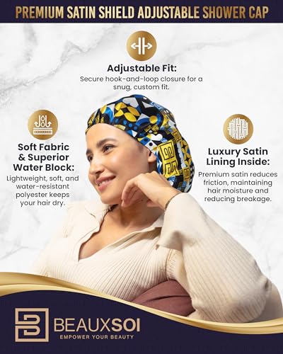 Luxury Reusable Waterproof Shower Cap for Women - Satin Lined, Adjustable - Keeps Hair Dry, Durable Hair Bonnet by BEAUXSOI (African Majesty) - color: African Majesty