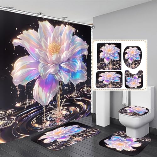 4 Piece Lotus Shower Curtain Set with Rugs, Luxury Iridescent Effect Flower & Crystal Water Ripple Bathroom Decor, Waterproof Fabric Curtain, Non-Slip Bath Mat & Toilet Lid Cover - color: Pink Purple