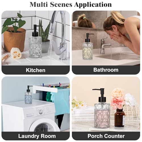 1 Pack 11oz Glass Soap Dispenser with Plastic Pump, Diamond Design Refillable Hand Soap Dispenser for Hand Wash, Bathroom and Kitchen - color: Transparent Clear