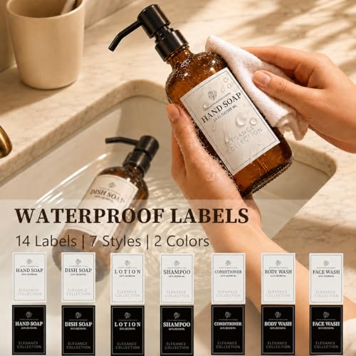 Fachixy Amber Glass Soap Dispenser (2 Pack), 16 Fl Oz Hand & Dish Soap Dispenser Bottles Set with Leak-Resistant Stainless Steel Pump, Non-Slip Pad, 14 Waterproof Labels for Kitchen and Bathroom - color: Brown