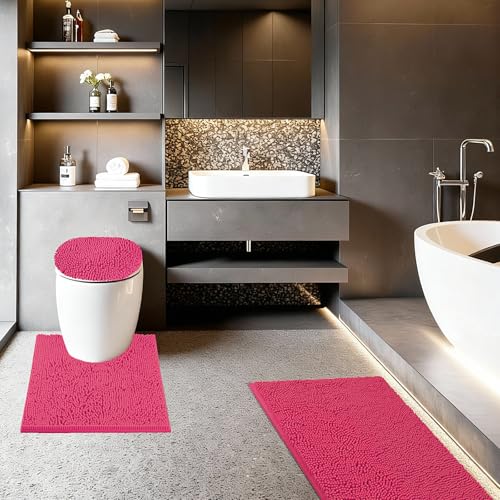 Bathroom Rugs Sets 3 Piece with Adjustable Toilet Seat Cover 19.5"x 18.5" Machine Washable Bath Rug Set with TPR Non Slip Rubber Backing Solid Bath Mat Set for Luxury Bathroom Decoration - color: Hot Pink