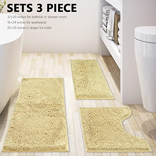Bath Rugs Chenille 3-Piece Extra Soft and Absorbent Shag Beige Bathroom Rugs, Machine Wash Mat, Strong PVC Non-Slip Underside, Plush Carpet Mats (Beige) - color: Beige, size: 2'8" x 1'8" (16x24"+20x32"+20x20"U shape）