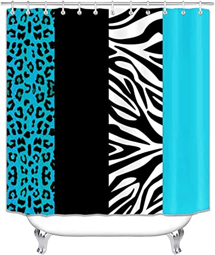 4PCS Leopard Print Shower Curtain Set with Rug, Toilet Lid Cover and Bath Mat, Teal Black Splice Shower Curtain with 12 Hooks, Complete Bathroom Accessories Decor Set… - color: A-teal