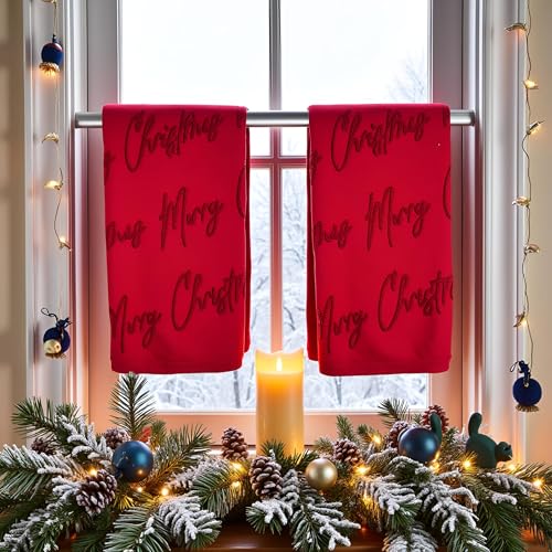 2 Pack Merry Christmas Hand Towels 100% Cotton Jacquard Holiday Kitchen Dish Towels Retro Neutral Red Bathroom Towels Set Gift Seasonal Xmas Winter Bathroom Decor (Red Merry Christmas) - color: Red Merry Christmas