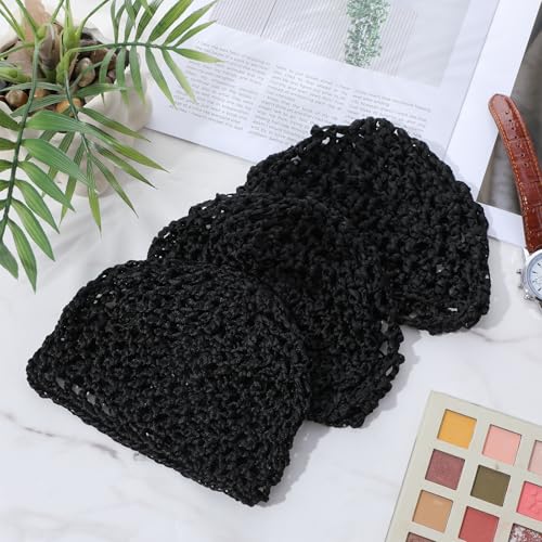 3 Pcs Crochet Hair Net Soft Mesh Hair Wrap Net Cap for Women Breathable Reusable Hairnet Cover Accessory (Black)