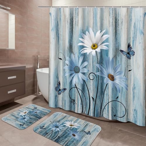 ArtSocket Blue Daisy Bathroom Set with Shower Curtain and Bath Rugs and Accessories,Wooden Boards Non-Slip Shower Curtain Set,Bathroom Decor 3 Pcs - color: Blue Daisy
