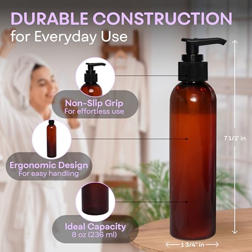 BRIGHTFROM Lotion Pump Bottles, Empty 8 OZ, BPA-Free Refillable Plastic Containers, Amber with Black Dispenser for - Soap, Shampoo, Lotions, Liquid Body Soap, Creams and Massage Oil (3 PACK) - color: Amber