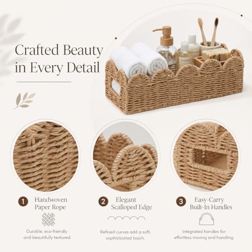 Scalloped Toilet Tank Basket — Paper Rope Woven Toilet Paper Holder for Back of Toilet, Natural Scalloped Wicker Tray, Boho Bathroom Organizer and Storage for Tank Top, Countertop & Small Spaces - color: Khaki