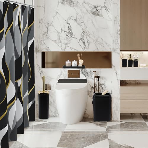XLHOMO Black Bathroom Set, Bathroom Sets with Stripe Shower Curtain, Black and Gold Bathroom Accessories with Trash Can, Soap Dispenser, Soap Dish, Toilet Brush Holder, Qtip Holders for Bathroom - color: Stripe Black & Gold, size: Complete Set