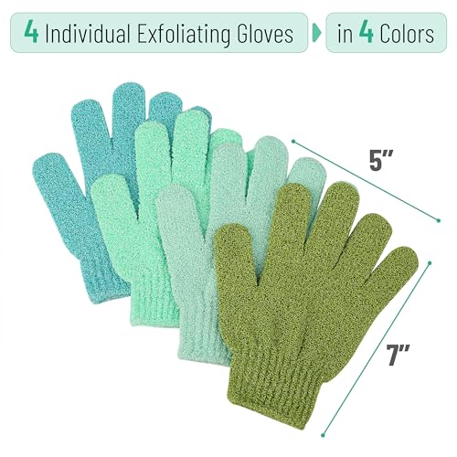 Slick Exfoliating Gloves - 4 Pcs Body Scrub Gloves, Shower & Bath Exfoliation Mitts - color: Shades of Green