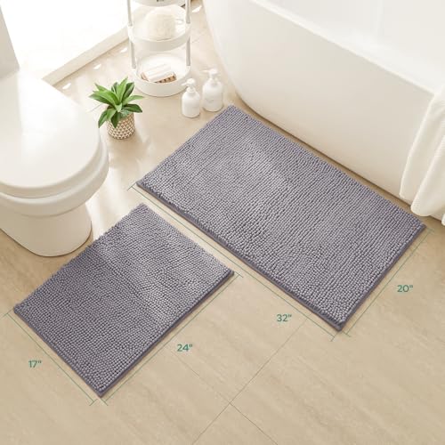 HOMEIDEAS 2 Pieces Bathroom Rugs, Non Slip Absorbent Chenille Toilet Bath Mat Set (Grey) - color: Grey-grey, size: 1'5" x 2'8" (Rectangular 20"x32"+17"x24")