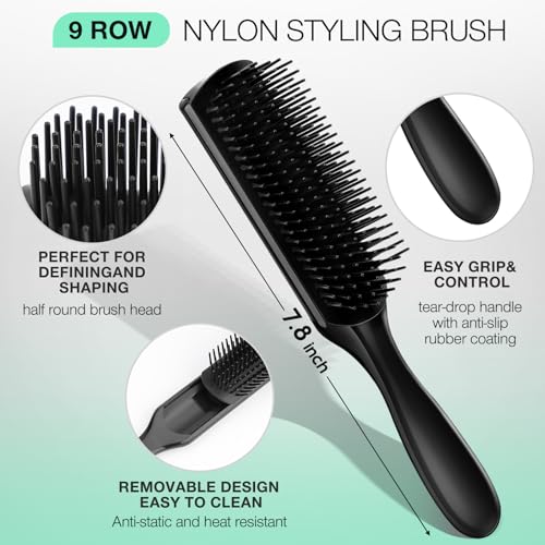 Hommtina 4pcs Detangling Brush Set for Curly 3/4abc Hair - No Pain Detangler, Anti-Static 9 Row Brush, Wide Tooth Comb & Spray Bottle for Women Men Wet Dry Hair (3 PCS, Black+Black) - color: Black+Black, size: 3 PCS