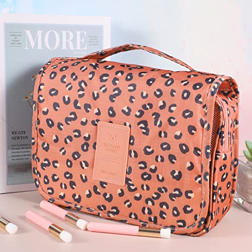 Pengxiaomei Hanging Toiletry Bag, Leopard Orange Waterproof Cosmetic Bag Portable Makeup Pouch Wash Bag with Handle for Women Teen Girl Summer Camp Travel Essentials - color: Orange Leopard