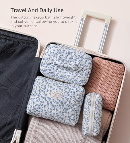 HBselect Quilted Makeup Bag, 3PCS Cotton Large Travel Makeup Bag, Cute Floral Coquette Make up Bag Cosmetic Bag Toiletry Bag for Women Girls - color: A-3PCS-Floral 24