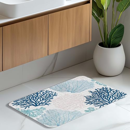 Blue Coastal Ocean Bath Mat | Beach Nautical Bathroom Rugs, Non Slip, 16x24 - color: Blue Coral