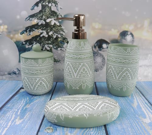Hymmah Green Bathroom Accessories Set,Farmhouse Bathroom Decor,4 Pcs Resin Gift Set Apartment Necessities, Contain Cotton Swab Jar,Soap Dispenser,Tumbler，Soap Dish/Tray - color: Green
