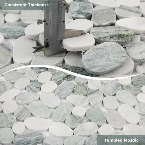 Diflart Natural Pebble Stone Tile for Shower Floor, Emerald Green Oval, 4 Sheets, Sliced Pebble Mosaic Backsplash for Kitchen Bathroom Floor and Wall Tile - color: Emerald Green, size: 11.7x11.7 Inch