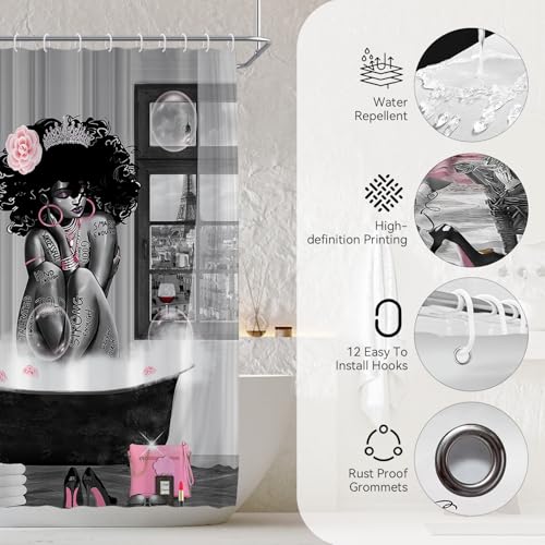 5Pcs Black Girl Shower Curtain Set with Decorative Painting, African American Wall Painting Bathroom Sets with Shower Curtain and Rugs, Trendy Women’s Bathroom Pictures for Wall Art Decor - color: 5pcs Grey With Decor Painting