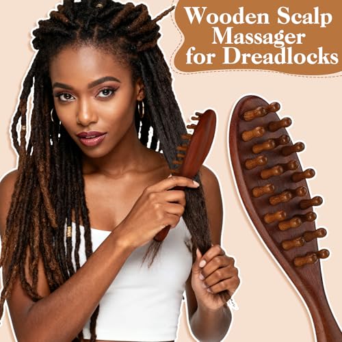 ProSuites 3 Pack Wooden Scalp Massager Tool, Long Handle Head Massage Scalp Loc Brush for Dreads, Multifunctional Hair Massager Tool for Men & Women - color: Red Wood
