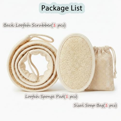 Natural Loofah Back Scrubber for Shower for Men and Women, Exfoliating Loofah Sponge with Soap Saver (1Back+1Pad+1Bag) - size: 2 Count (Pack of 1)