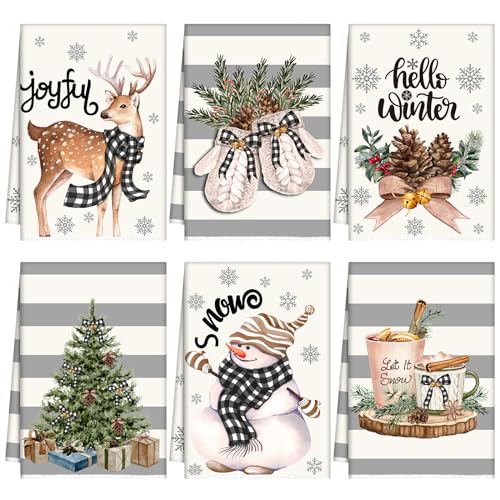 Sratte 6 Pcs Christmas Kitchen Towels Winter Dish Towels Absorbent Gray Strip Reindeer Snowmen Hand Towel Snowflake Gloves Decorative Xmas Tea Towel Decor Cozy Winter Decor for Kitchen Bathroom Gift - color: Beige, Gray, size: Cozy Winter