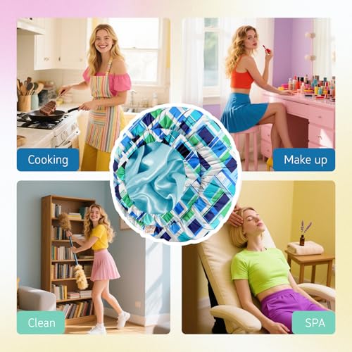 Years Calm Shower Caps for Women Reusable Waterproof, Double-Layer Extra Large Elastic Hair Cap for Shower for Long Hair & Braids, Travel & Home - color: blue