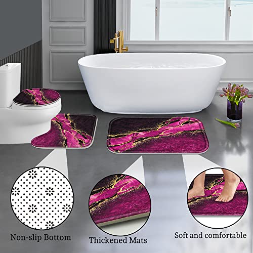 Poedist 4 Pcs Gold Edge Marble Bathroom Shower Curtain Set, Bathroom Sets with Shower Curtain and Rugs(Bath Mat,U Shape and Toilet Lid Cover Mat) and 12 Hooks-Rosy - color: Red Rose