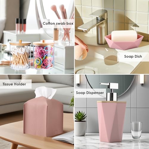 Pink Bathroom Accessories Set, 10 Pieces Bamboo Bathroom Set with Trash Can, Tray, Soap Dispenser, Soap Dish, Toothbrush Holder, Toothbrush Cup, Tissue Holder, Toilet Brush and Qtip Holders - color: Pink
