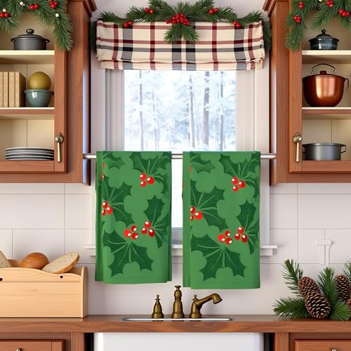 2 Pack Christmas Holly Berry Hand Towels 100% Cotton Jacquard Holiday Kitchen Dish Towels Retro Neutral Green Bathroom Towels Set Gift Seasonal Xmas Winter Bathroom Decor (Holly Berry Green) - color: Holly Berry Green