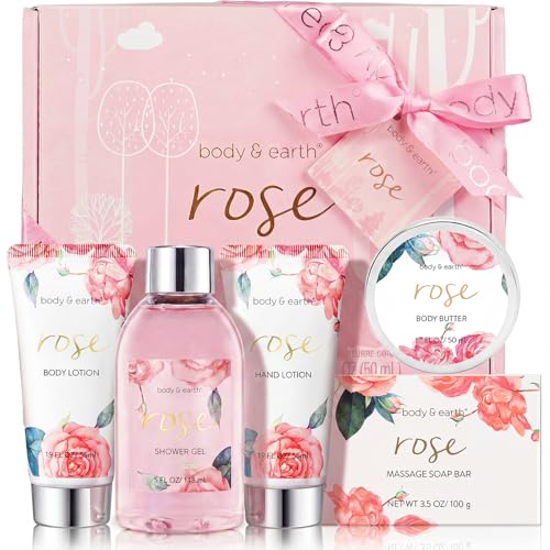 BODY & EARTH Spa Gift Set for Women - Luxurious 5 Pcs Bath and Body Box, Rose Scent, Includes Body Wash, Body Butter, Body Lotion and More, Birthday Christmas Gifts for Mom Self Care Kit for Her