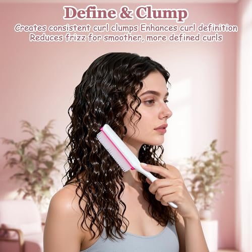 SALONSILK Curl Defining Hair Brush Set, Pink Styling Curly Brush, 9 Row Styling Brush, 3 Row Comb with 2PCS Hair Clips for Women