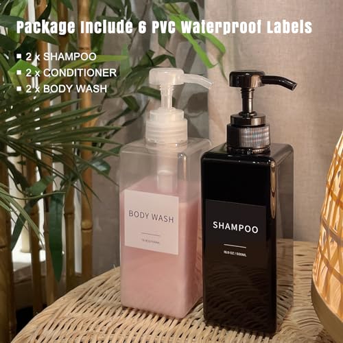 Shampoo and Conditioner Dispenser, Refillable Plastic Shampoo Pump Bottles with Waterproof Labels, Empty Body Wash Dispenser Set for Bathroom, Shower Soap Bottles (Clear, Set of 3, 16.9oz) - color: Clear