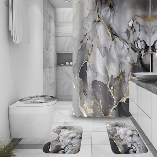 Marble Bathroom Sets with Rugs for Bathroom Decor, 72x72 Inches Gold Shower Curtain with Non-Slip Rugs and Accessories, Waterproof Machine Washable Bath (Curtain Set-Gary Gold Marble) - color: Curtain Set-gary Gold Marble