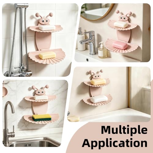 2PCS Double-Deck Soap Dish Holder for Shower, Bee Shape Wall Mounted Soap Holder with Strong Adhesive, Self Draining Soap Tray, No Drilling Bathroom Accessories, Nordic Pink - size: 2PCS 7"×6.5"