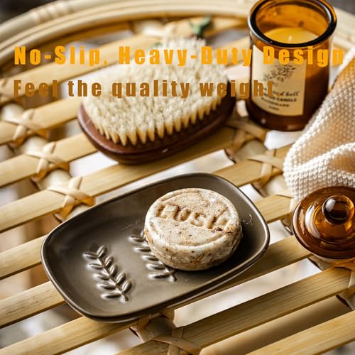 Miamolo Soap Dish Soap Holder Shower, Ceramic Soap Dishes for Bar Soap Sponge, Farmhouse Shower Soap Dish, Large Soap Saver Tray for Bathroom Kitchen Sink, Easy Cleaning, Extend Soap Life, Brown - color: Brown, size: Leaf Design
