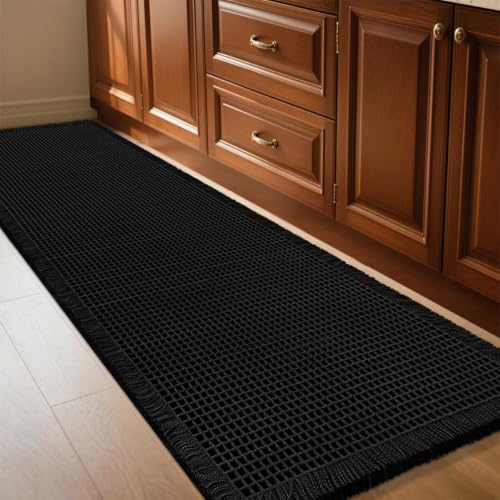 IM HOME Waffle Bath Mat Black 5'x2', Boho Woven Modern Bath Mat Rugs, Absorbent Non Slip Bathroom Rugs, Soft Washable Bath Rugs with Tassels for Bathroom, Bedroom, Kitchen, Shower, Tub - color: Black, size: 2' x 5' (Runner)